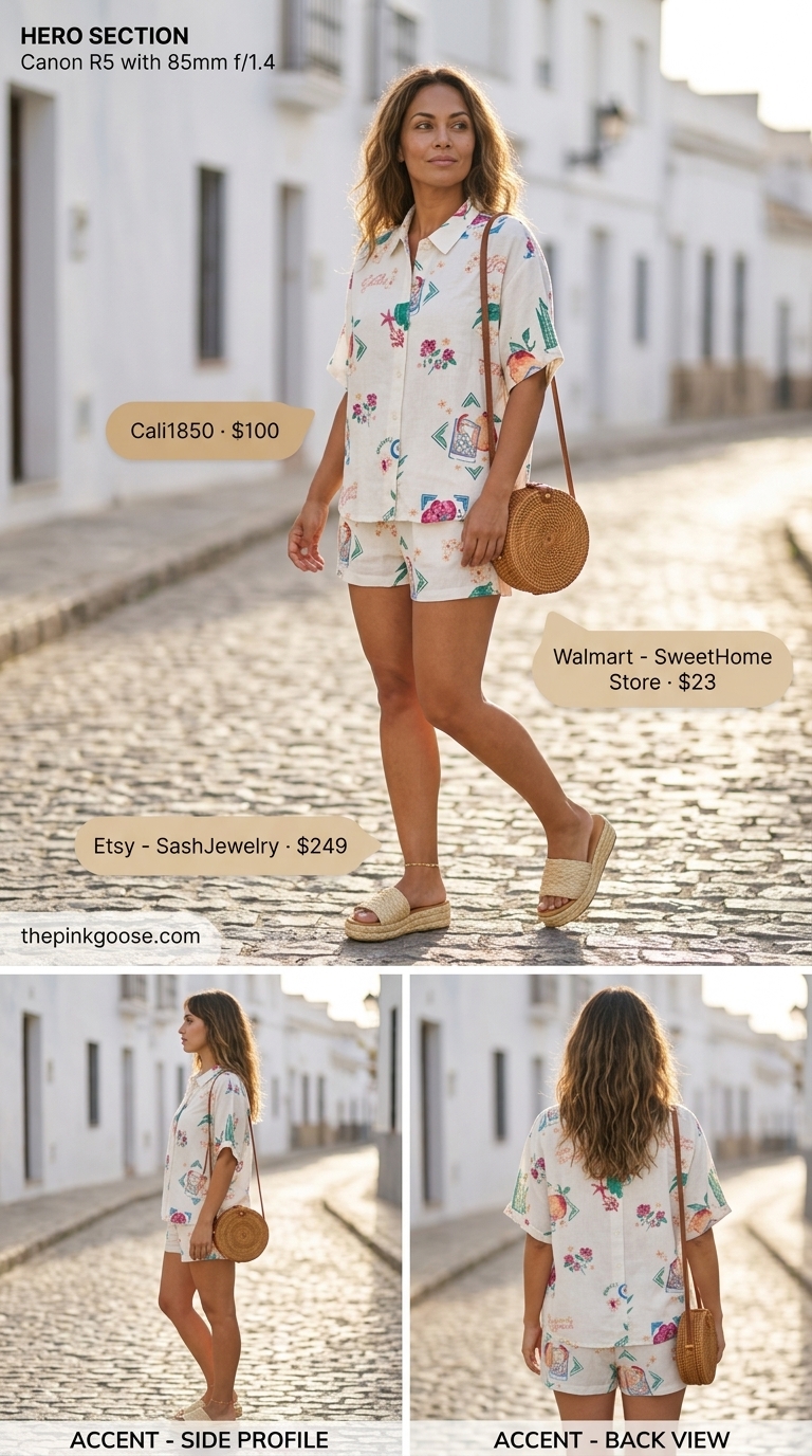 Cute mom outfits summer for women 2026: Tropical floral linen set, straw bag, espadrille slides, and anklet for resort wear.