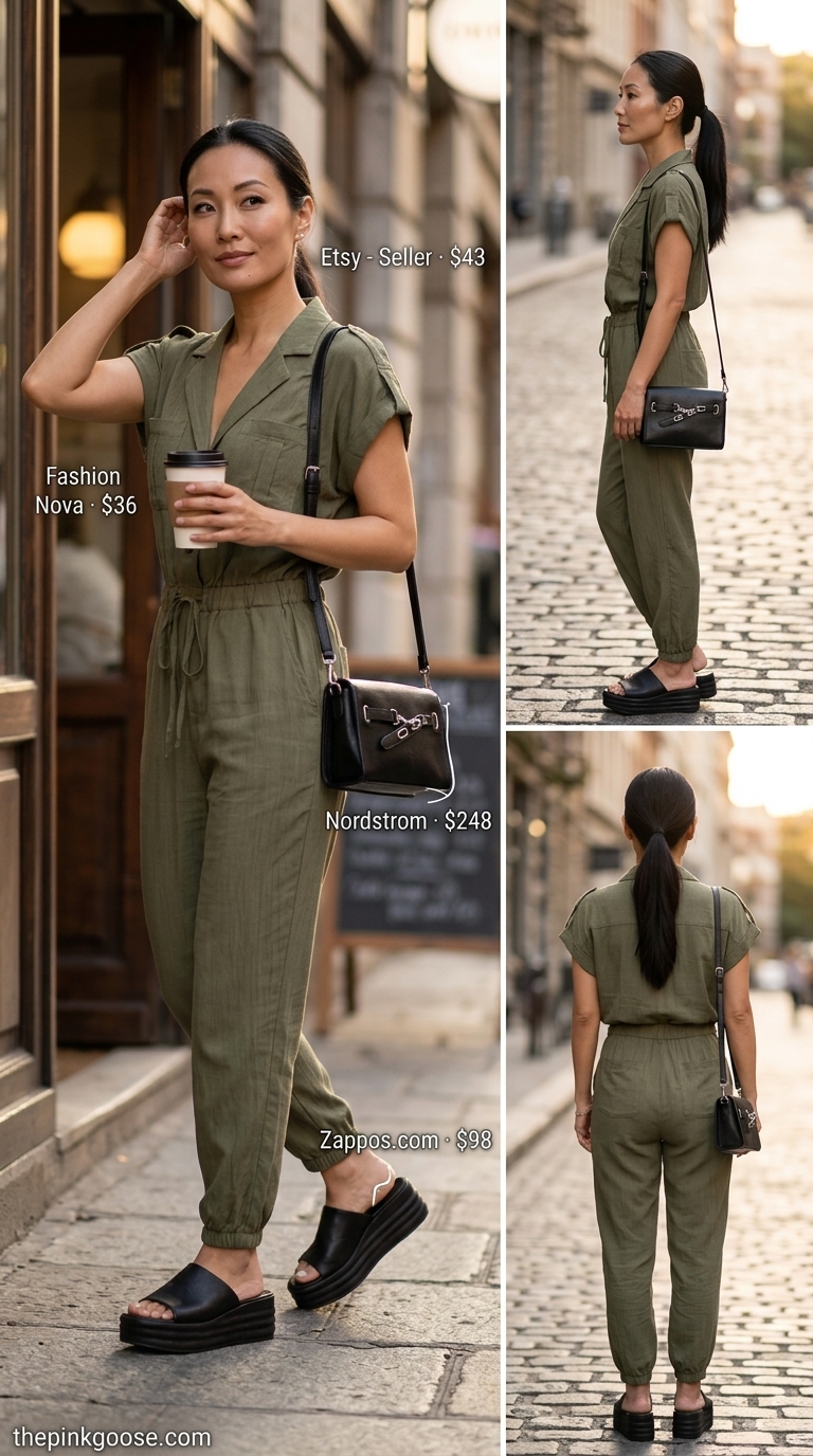 Cute mom outfits summer for women 2026: Olive green utility jumpsuit, black platform sandals, leather crossbody for city errands.