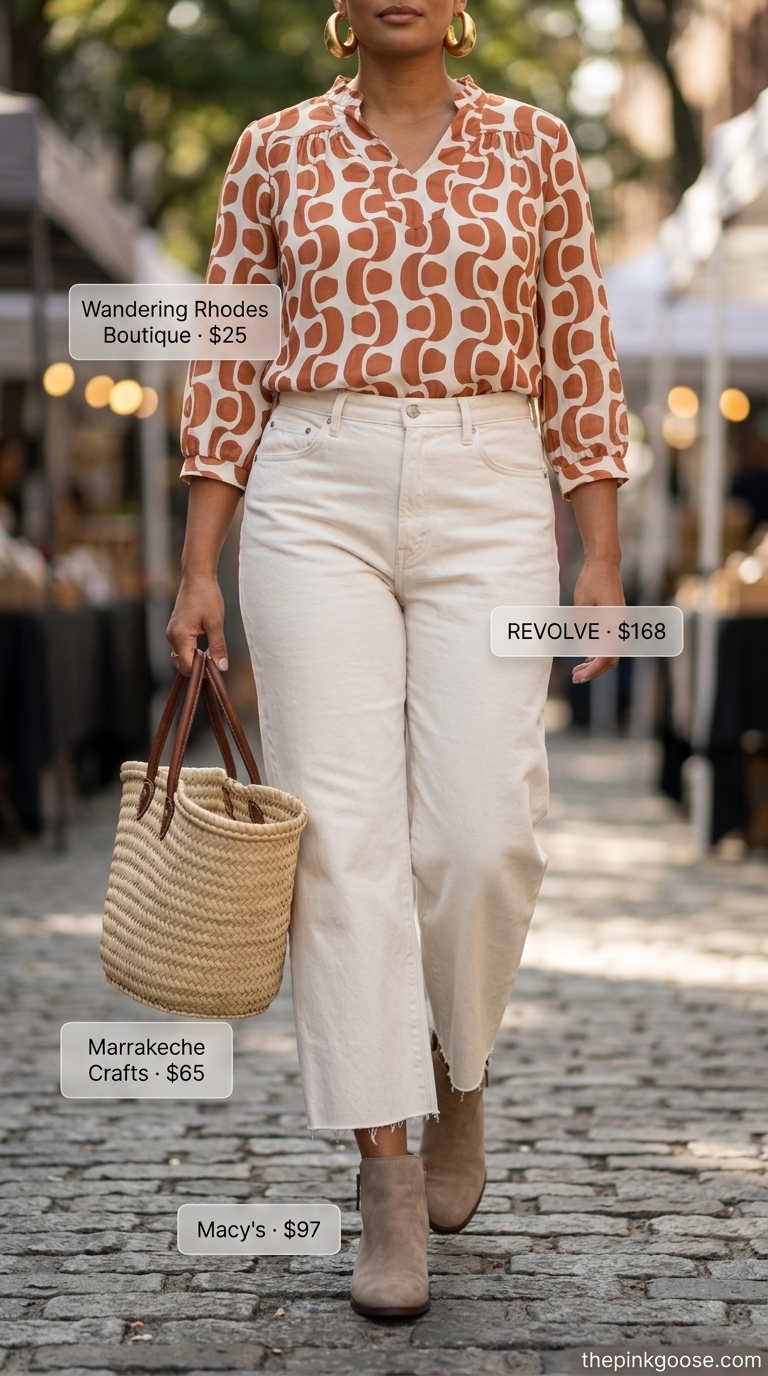 Cute summer clothes for women 2026: Artsy ecru jeans, terracotta blouse, and suede boots for a weekend market.
