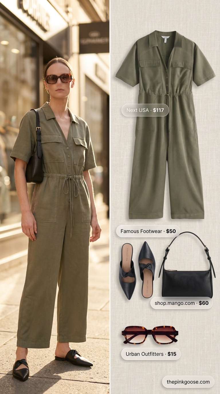 Cute summer clothes for women 2026: Khaki utility jumpsuit, black mules, and gold hoops for casual chic.
