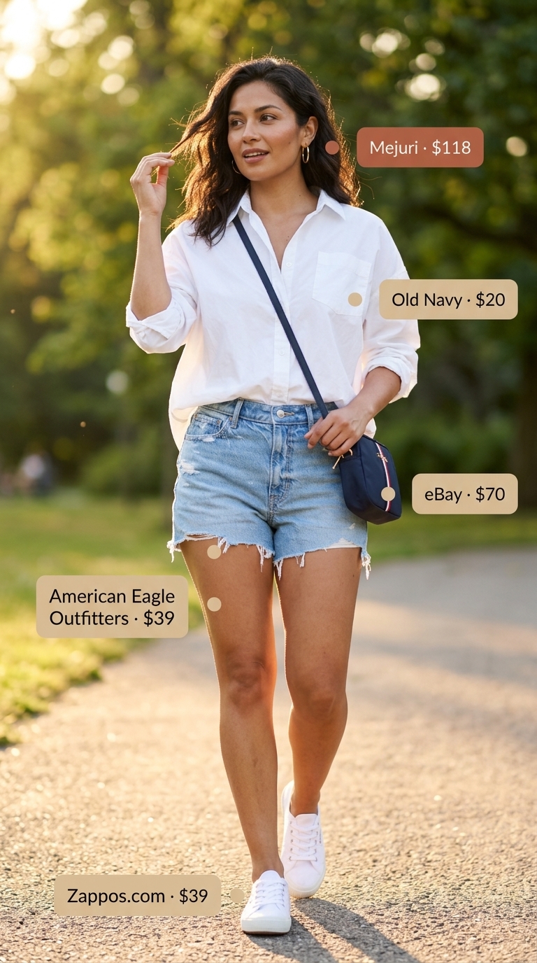 Cute summer clothes for women 2026: Classic white shirt, denim shorts, and navy stripe bag for a park picnic.