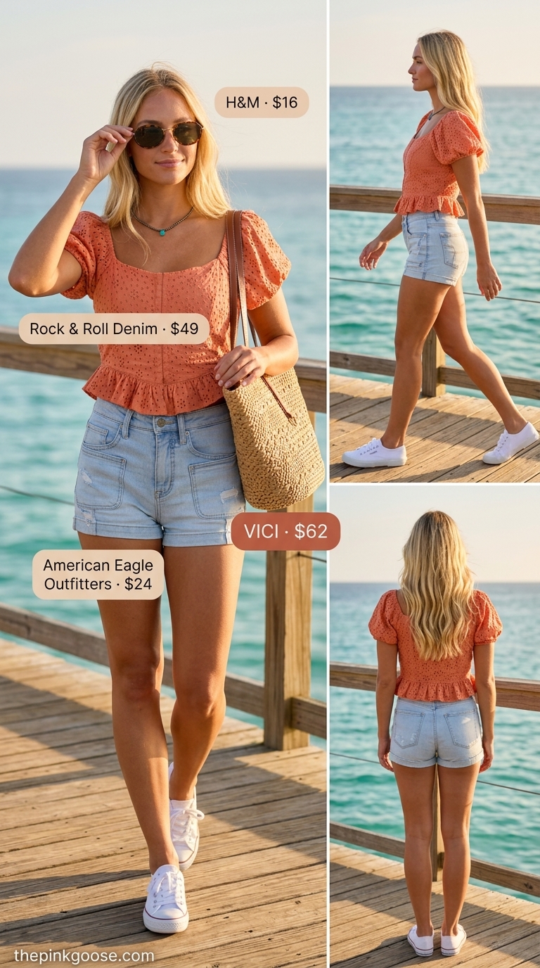 Cute summer clothes for women 2026: Coral eyelet top, denim shorts, canvas sneakers for a beach day.
