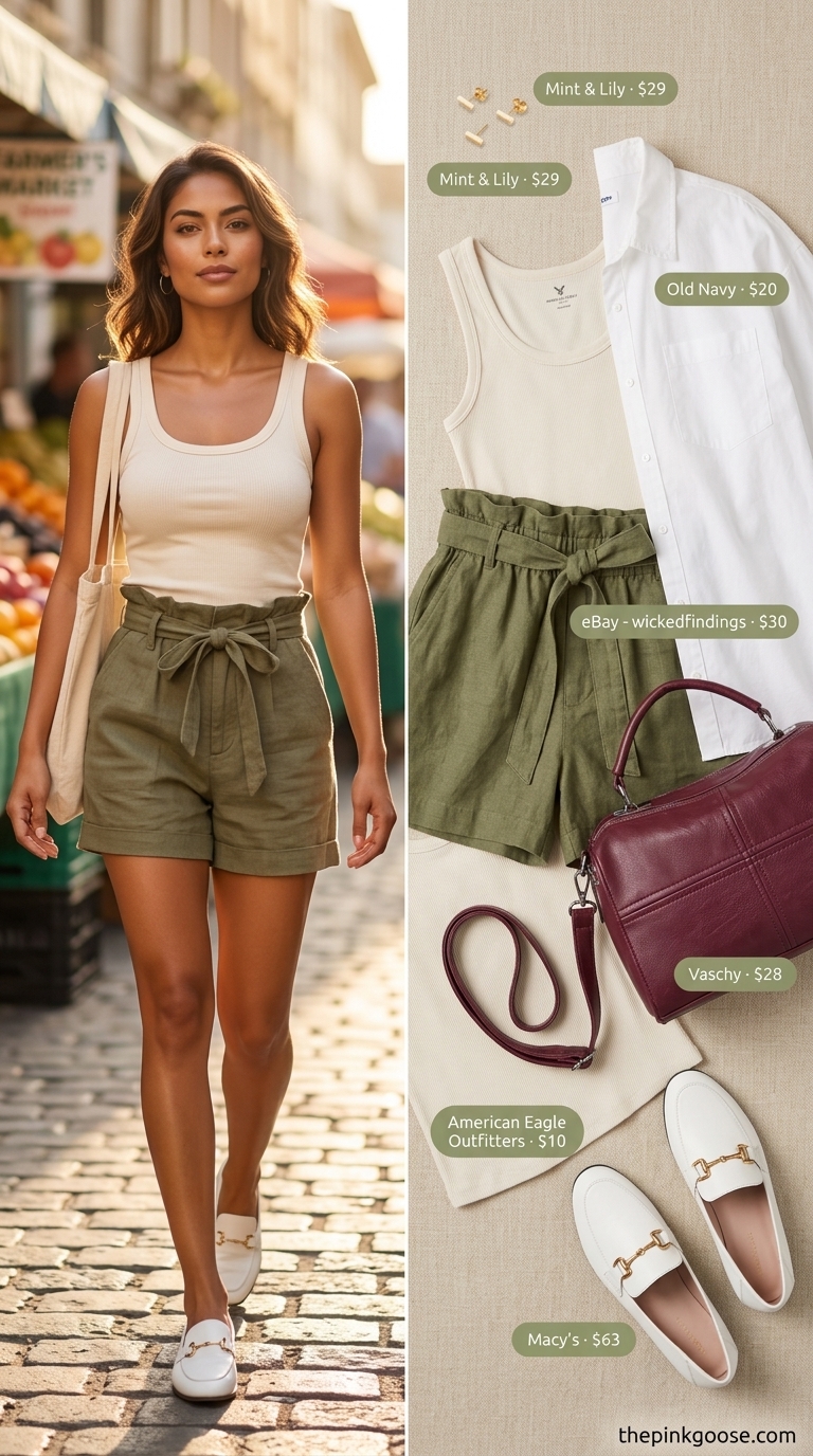 Cute summer clothes for women 2026: Effortless olive green linen shorts, white button-down, and loafers for market stroll.