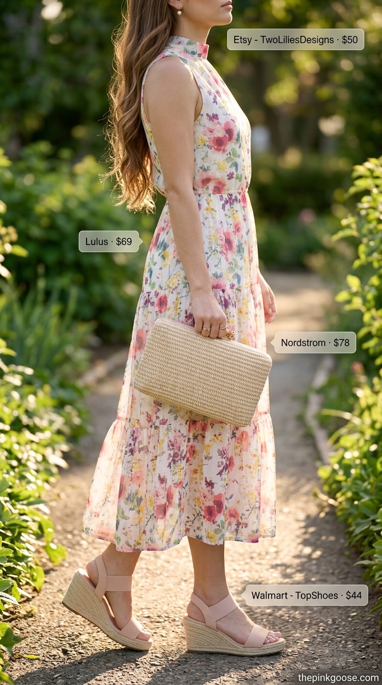 Cute summer clothes for women 2026: Floral midi dress, espadrilles, straw clutch for a garden party.