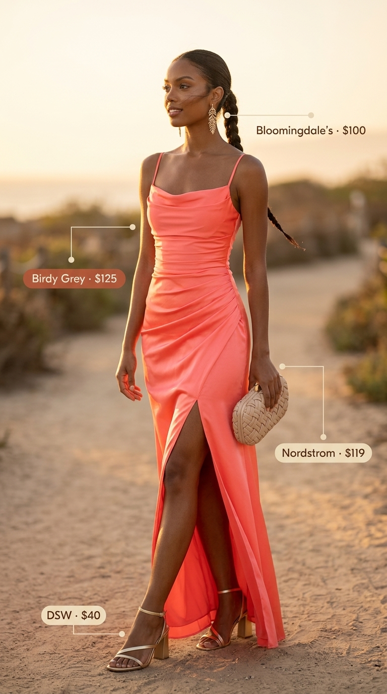 Cute summer clothes for women 2026: Glamorous bright coral maxi dress, gold sandals, and statement earrings for resort dinner.