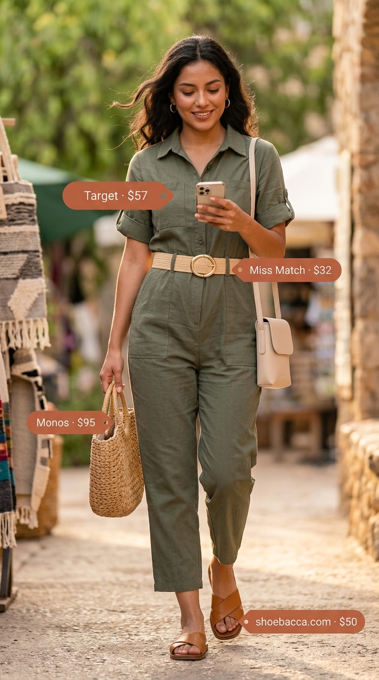 Cute summer clothes for women 2026: Khaki utility jumpsuit, tan sandals, and straw belt for safari chic day trip.
