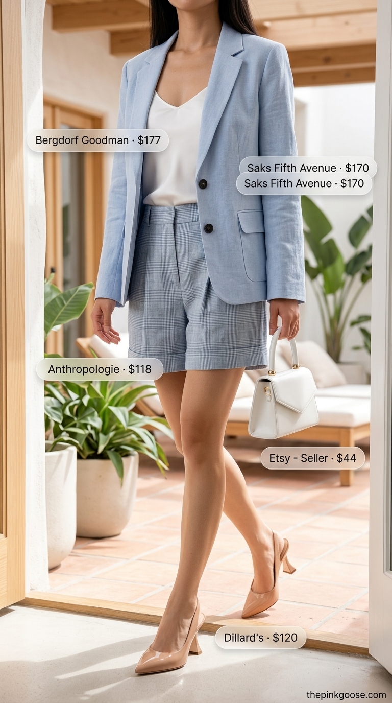Cute summer clothes for women 2026: Pastel blue shorts suit, white camisole, and nude heels for a sophisticated soirée.