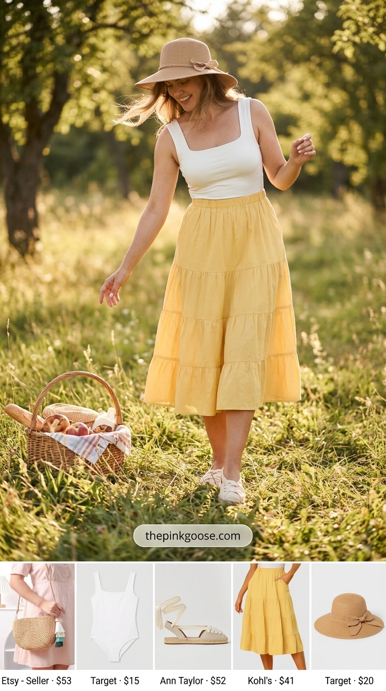 Cute summer clothes for women 2026: Sunny yellow tiered skirt, white bodysuit, and straw accessories for a meadow picnic.