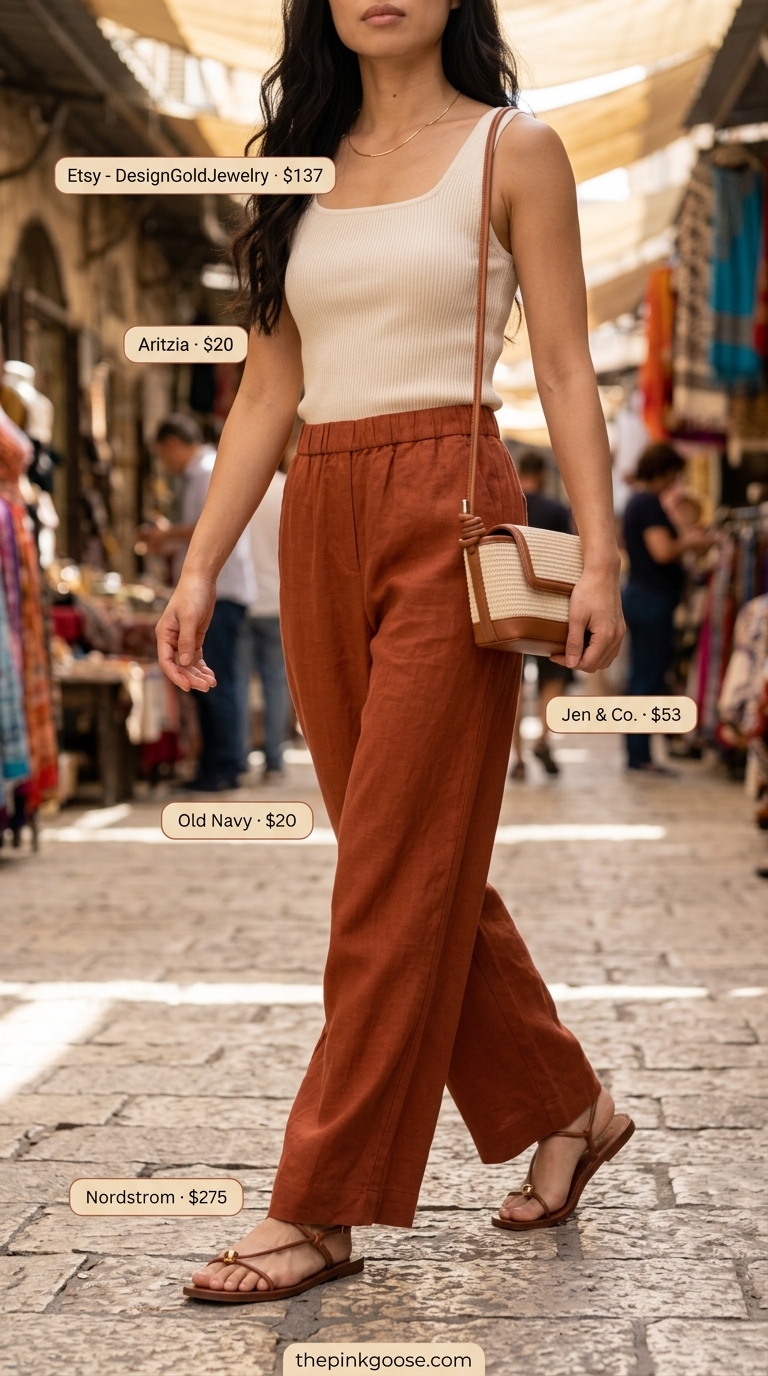Cute summer clothes for women 2026: Terracotta linen pants, cream top, gold jewelry for a brunch outfit.