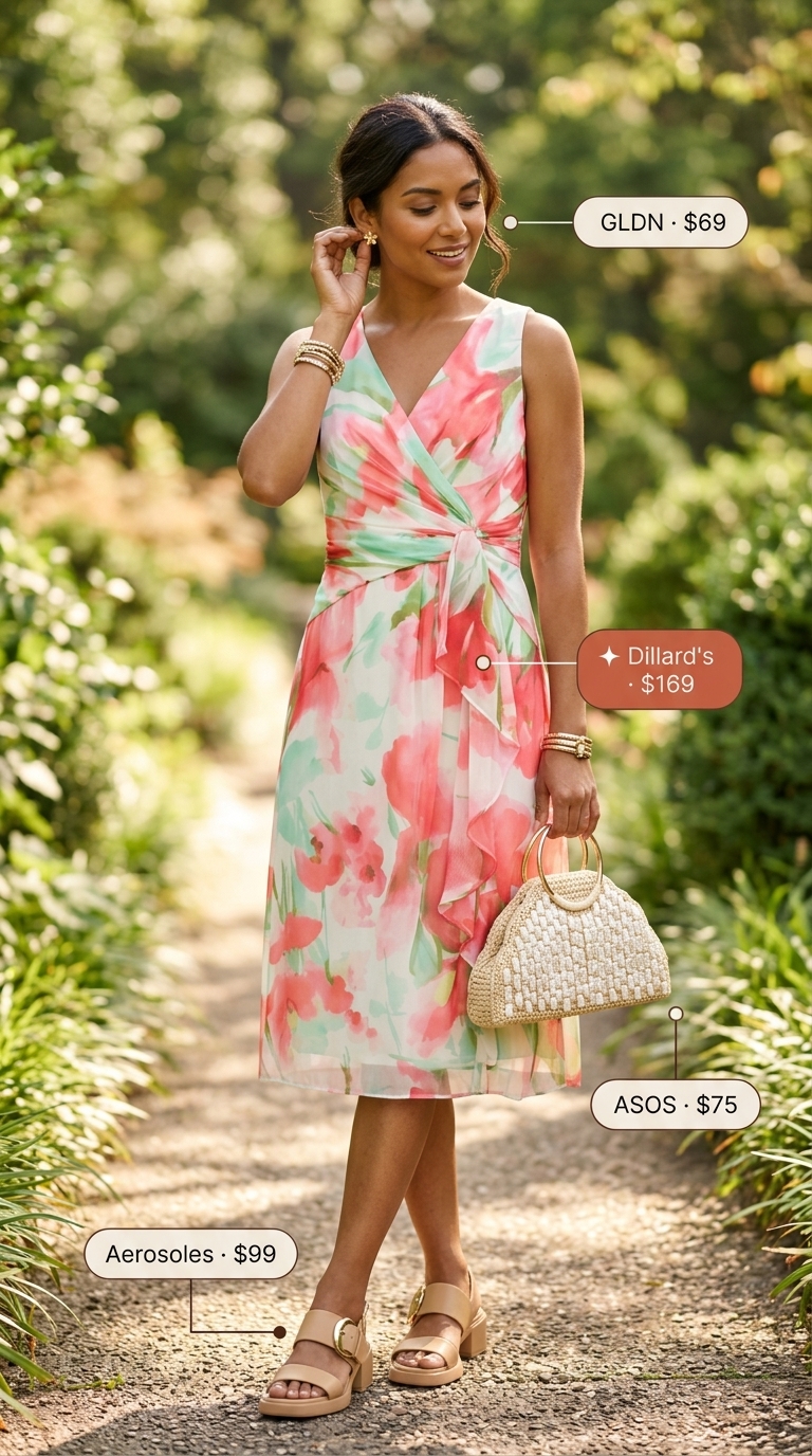 Cute summer clothes for women 2026: Pink floral midi dress, straw bag, block heels for garden party.