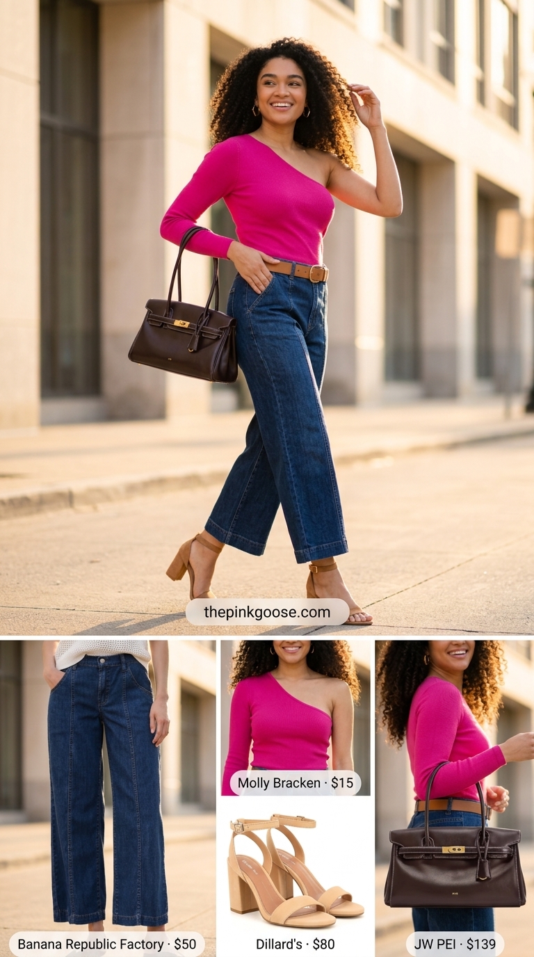 Cute summer clothes for women 2026: Fuchsia one-shoulder top, wide-leg jeans, block heels for urban style.