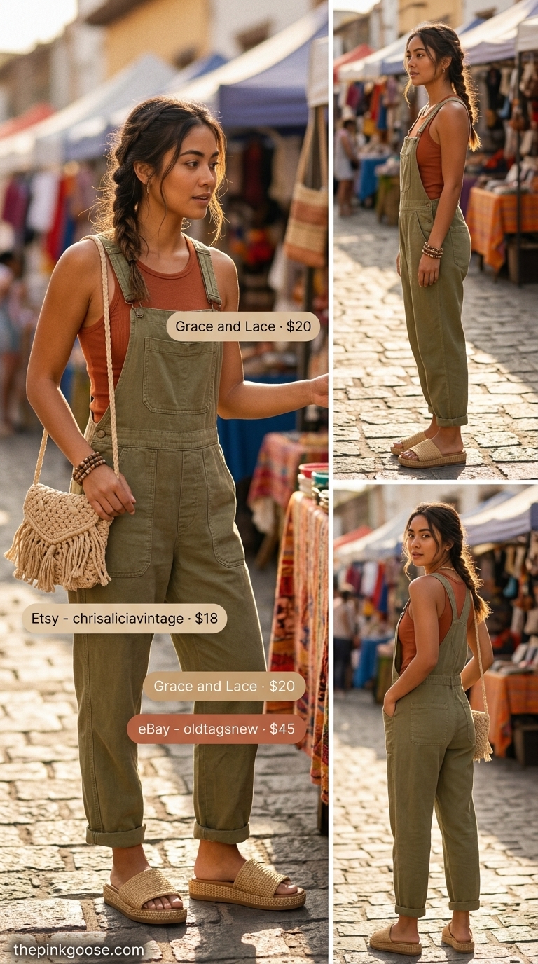 Cute summer clothes for women 2026: Khaki linen overalls, rust tank top, woven bag for art walk.