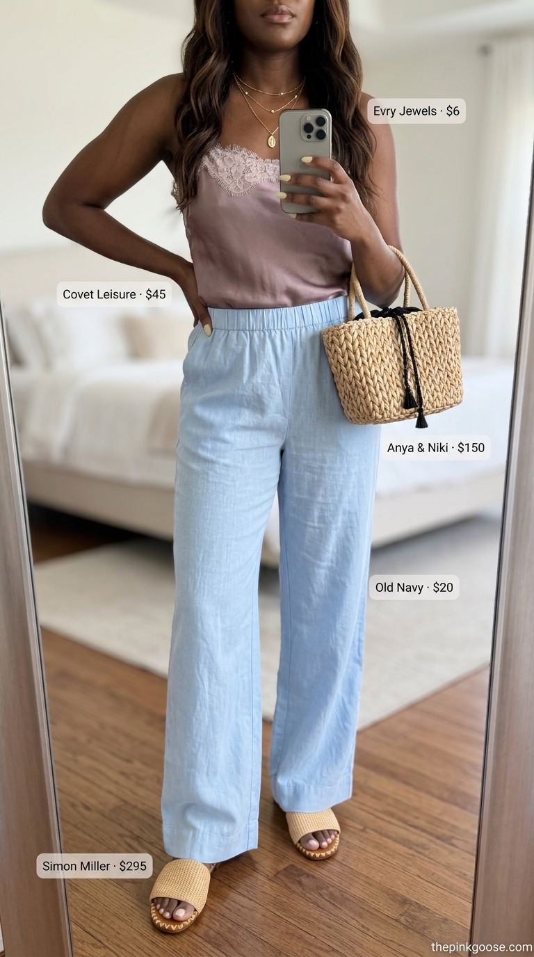 Cute summer clothes for women 2026: Sky blue linen pants, blush top, straw bag for coastal brunch.