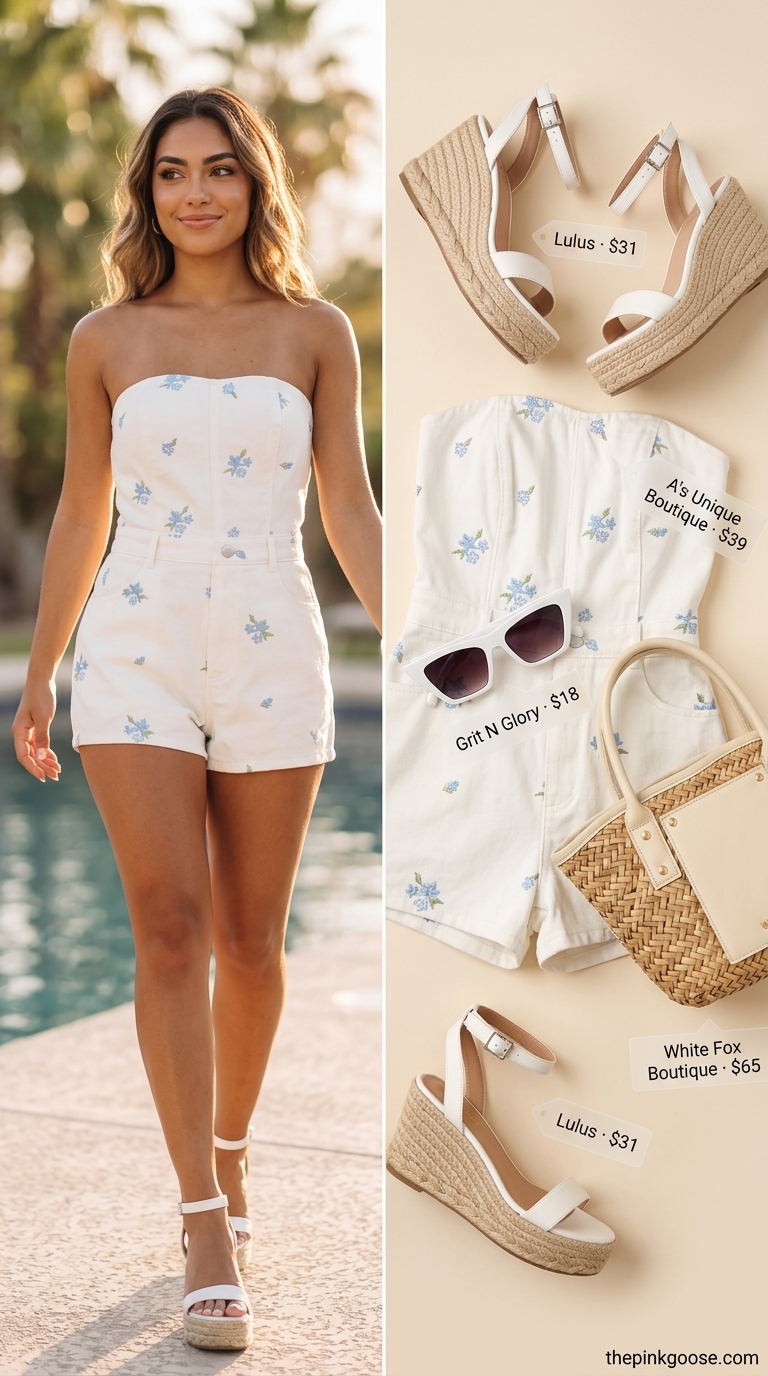 Cute summer clothes for women 2026: Retro floral romper, espadrilles, straw bag for a poolside party.