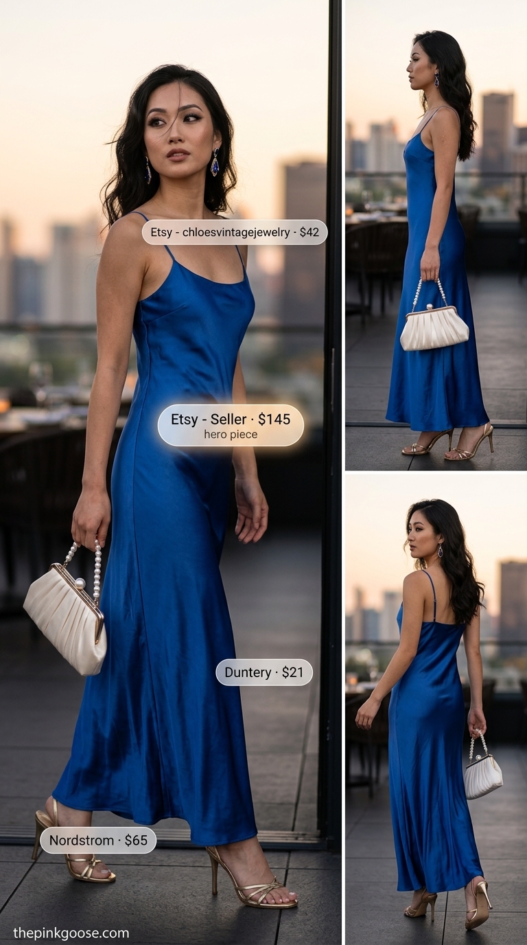 Cute summer clothes for women 2026: Sapphire blue slip dress, gold sandals, pearl clutch for a glam evening.