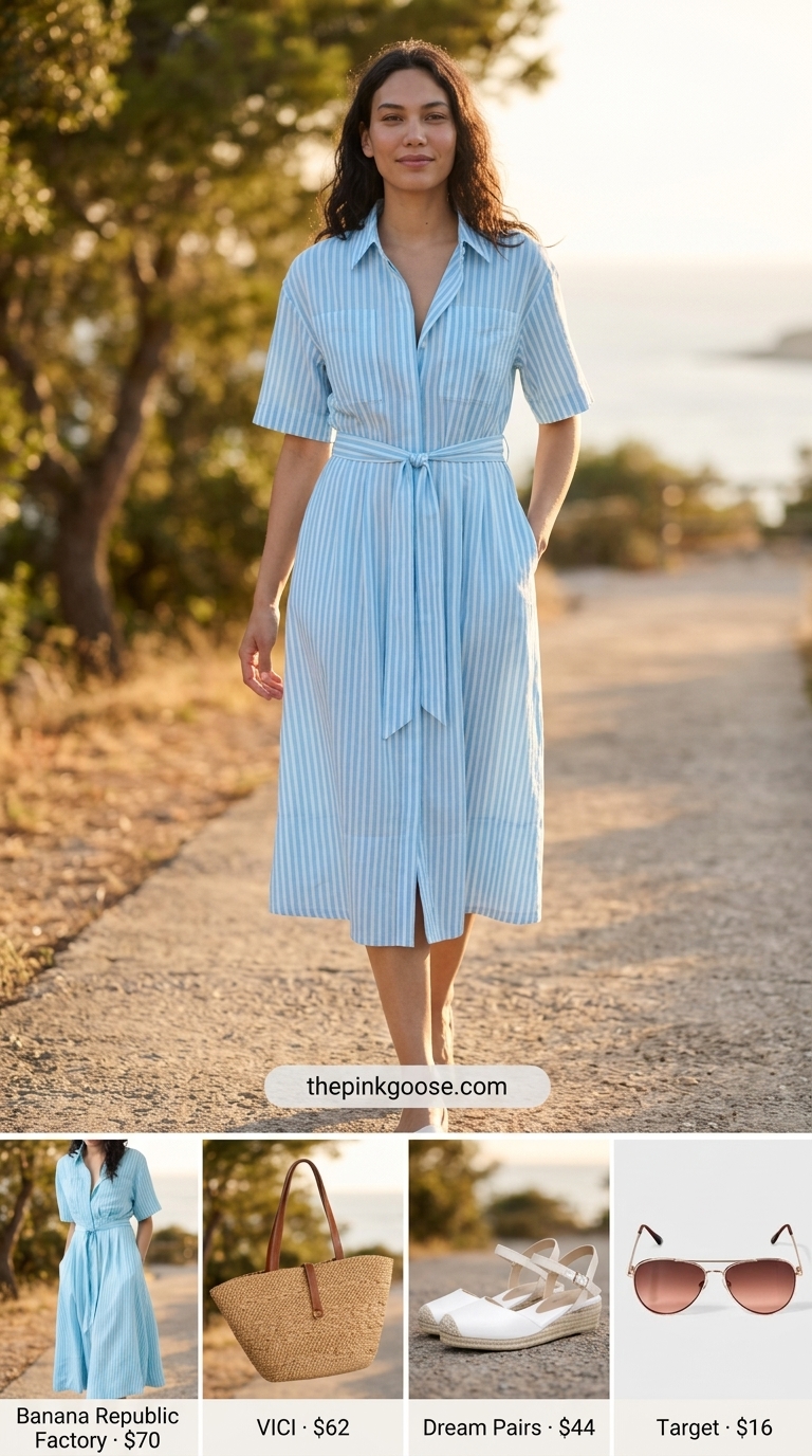 Cute summer clothes for women 2026: Sky blue stripe shirt dress, espadrilles, straw tote for Riviera lunch.