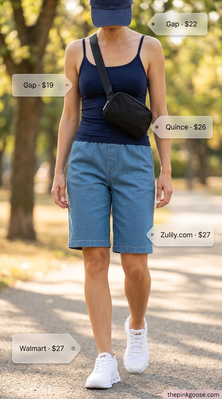 Cute summer denim shorts for women 2026 styled for an active day with navy tank, white sneakers, and belt bag.