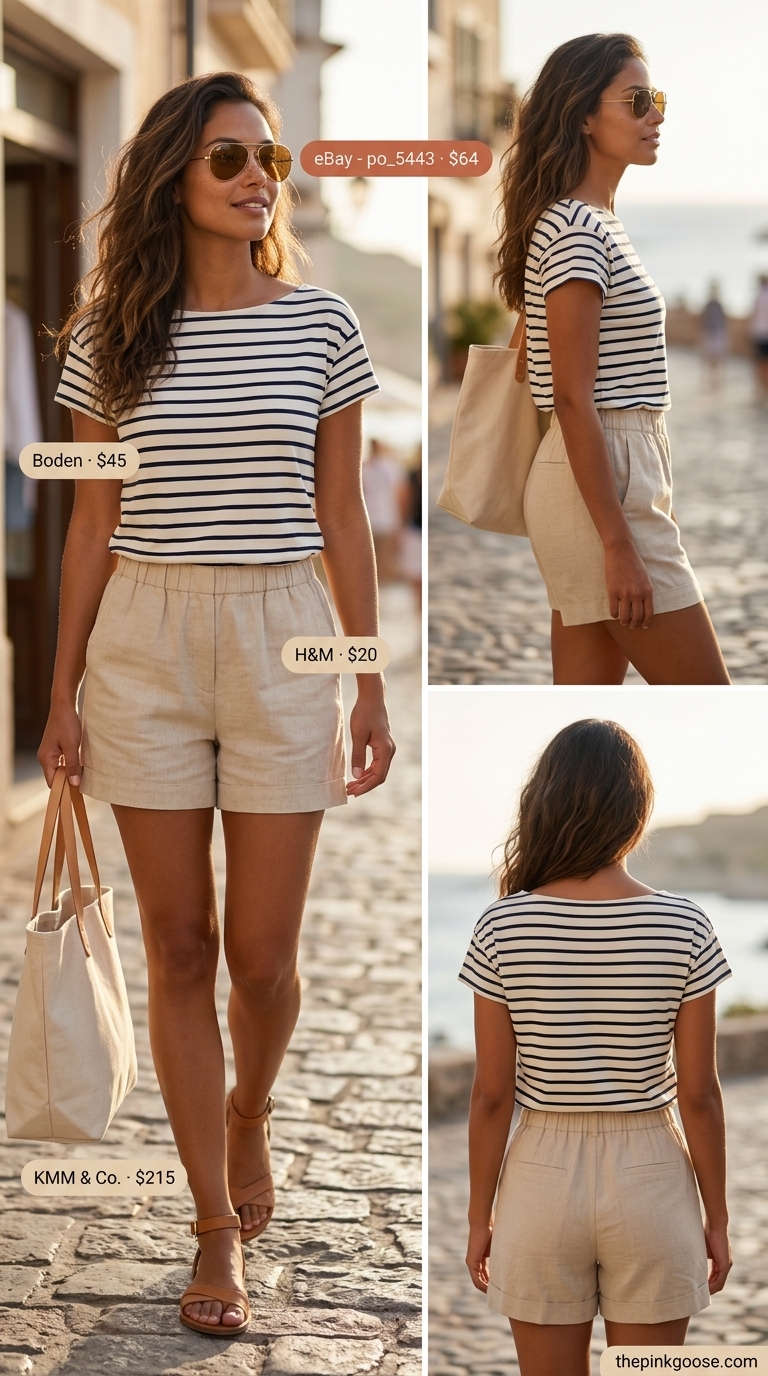Cute summer denim shorts for women 2026 in beige linen blend, styled with a striped tee and aviators for a coastal look.