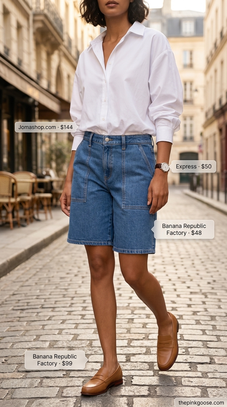Cute summer denim shorts for women 2026, tailored bermuda style, paired with an oversized poplin shirt and loafers.