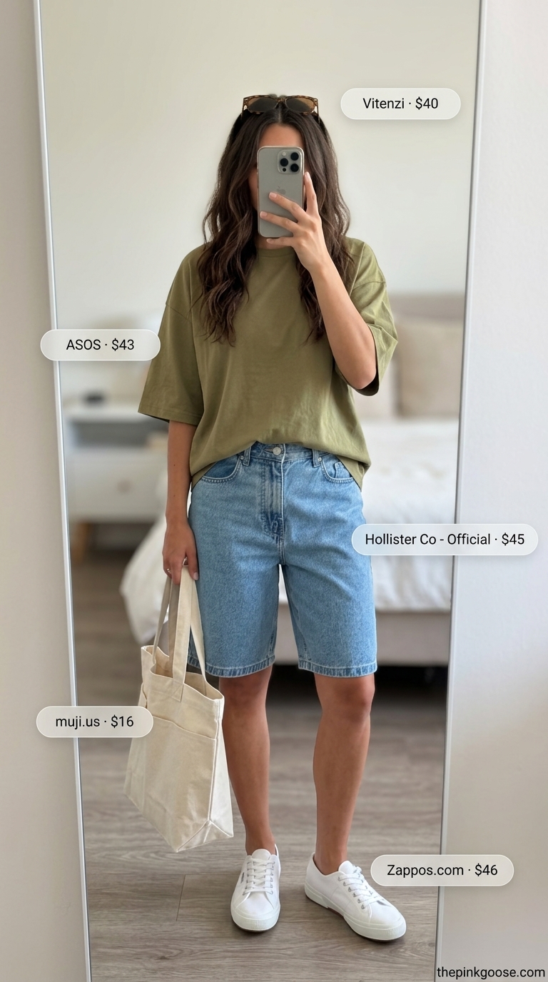 Cute summer denim shorts for women 2026 for casual comfort with an oversized olive green tee and sneakers.