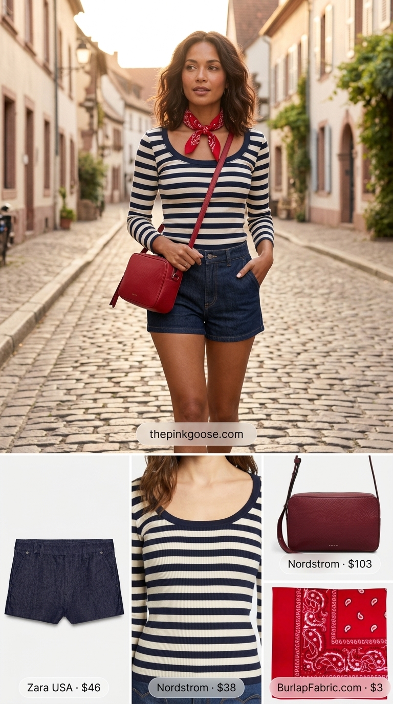 Cute summer denim shorts for women 2026 in dark wash, styled with a striped knit top and bandana for a retro vibe.