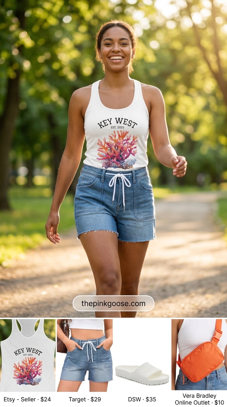 Cute summer denim shorts for women 2026 with elastic waistband, paired with a graphic tank and sporty accessories.