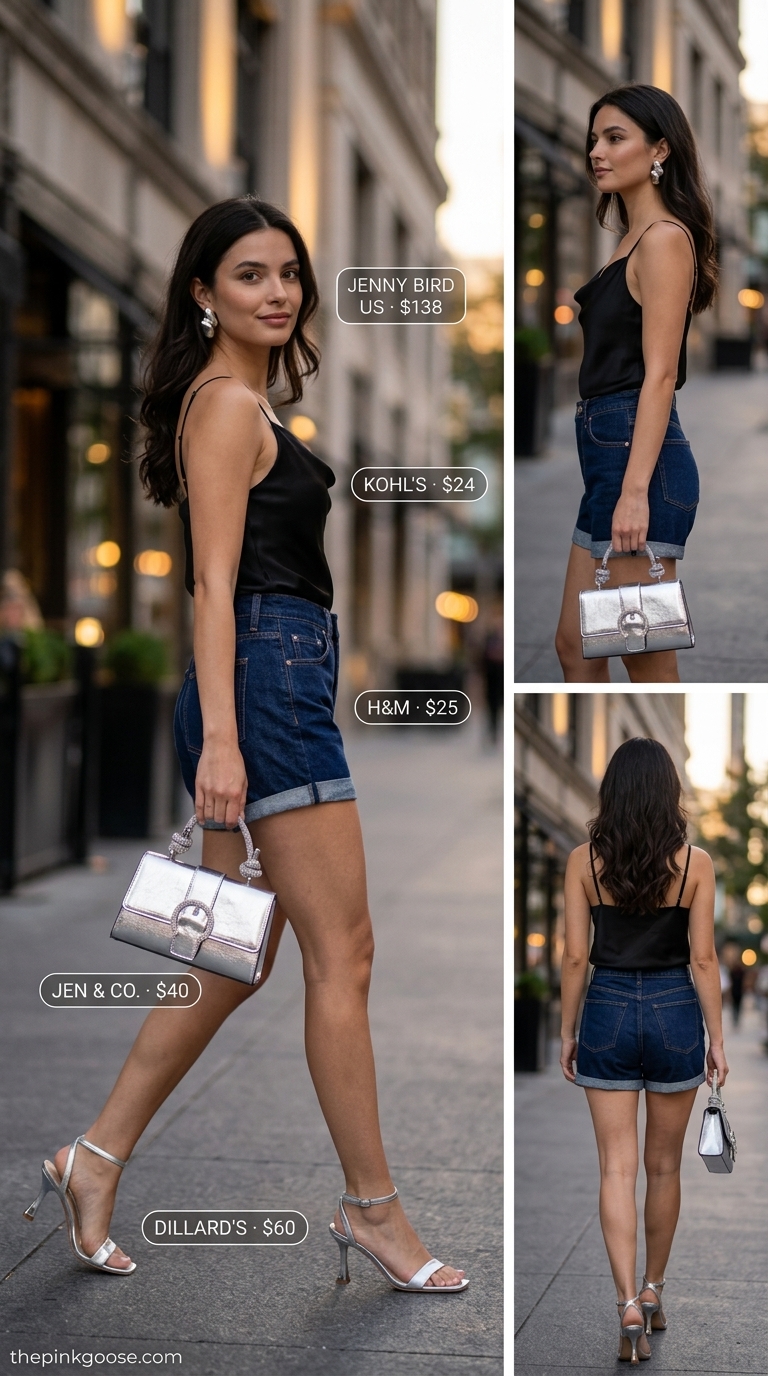 Cute summer denim shorts for women 2026 for evening elegance with a satin cami and strappy silver heels.