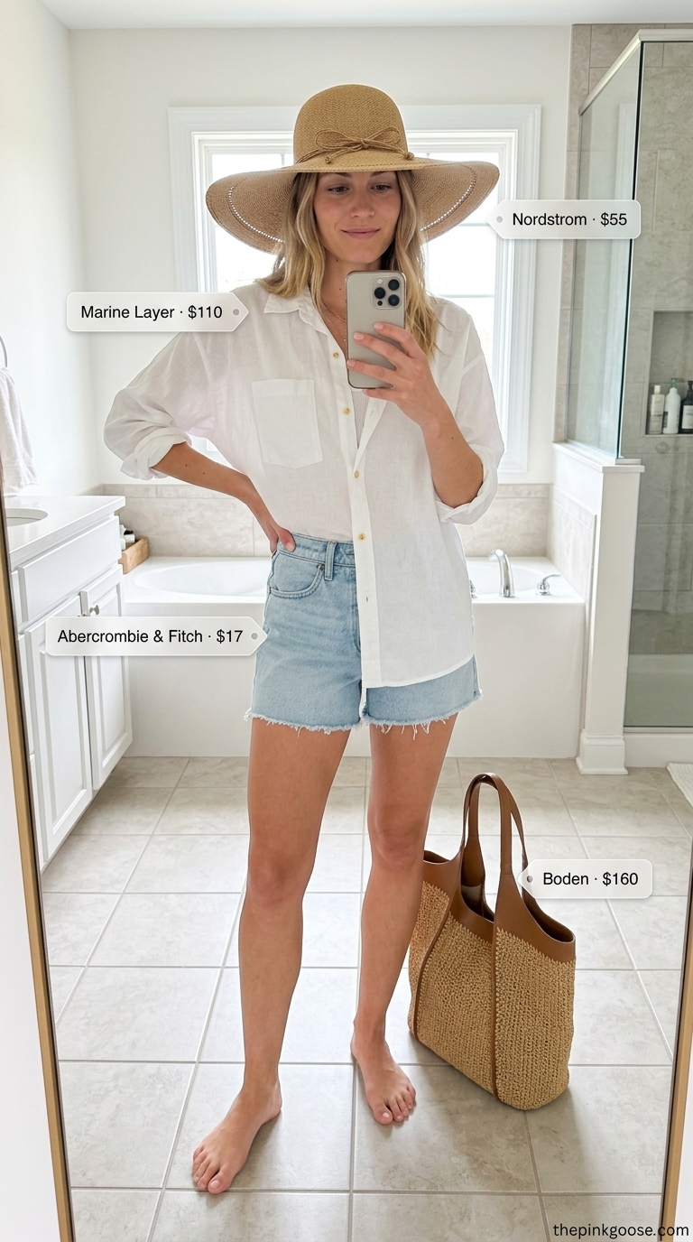 Cute summer denim shorts for women 2026 in light wash, styled for a coastal getaway with linen shirt and straw accessories.