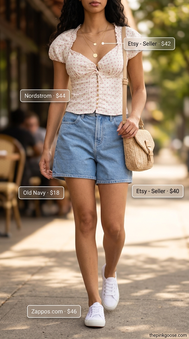 Cute summer denim shorts for women 2026 in light wash, styled with a puff-sleeve blouse and sneakers for a sweet look.