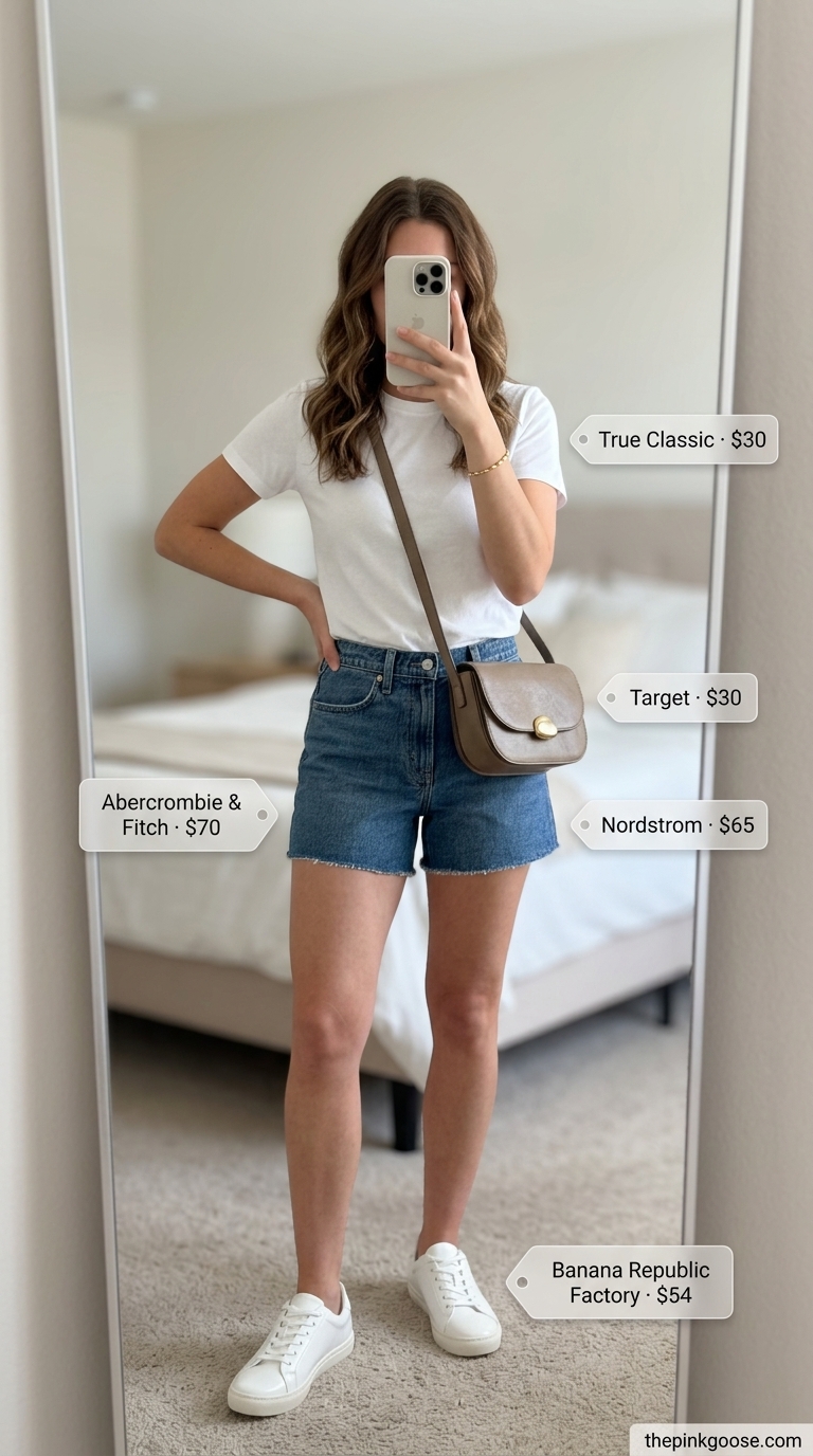 Cute summer denim shorts for women 2026 in medium wash, styled with a white tee and brown crossbody for a relaxed weekend look.