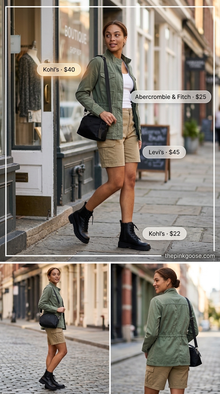 Cute summer denim shorts for women 2026 in a modern utility outfit with khaki cargo shorts, black tank, and olive jacket.