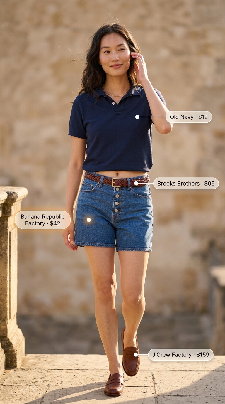 Cute summer denim shorts for women 2026 styled preppy with a navy polo, loafers, and crossbody bag.