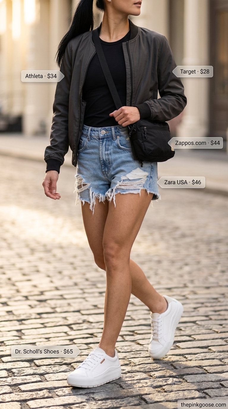 Cute summer denim shorts for women 2026 in a sporty chic outfit with medium wash denim shorts and bomber jacket.
