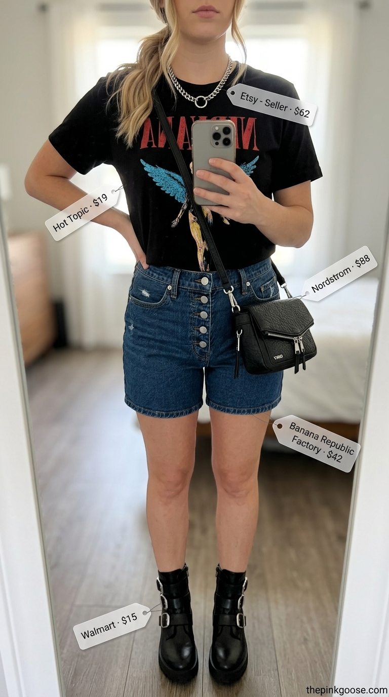 Cute summer denim shorts for women 2026 in an urban explorer outfit with dark wash slim fit denim shorts and combat boots.