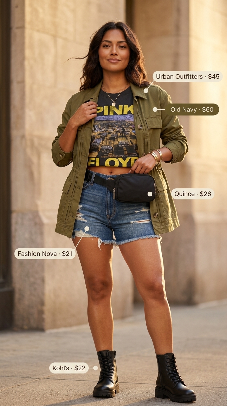 Cute summer denim shorts for women 2026 for urban exploration with a utility jacket and combat boots.
