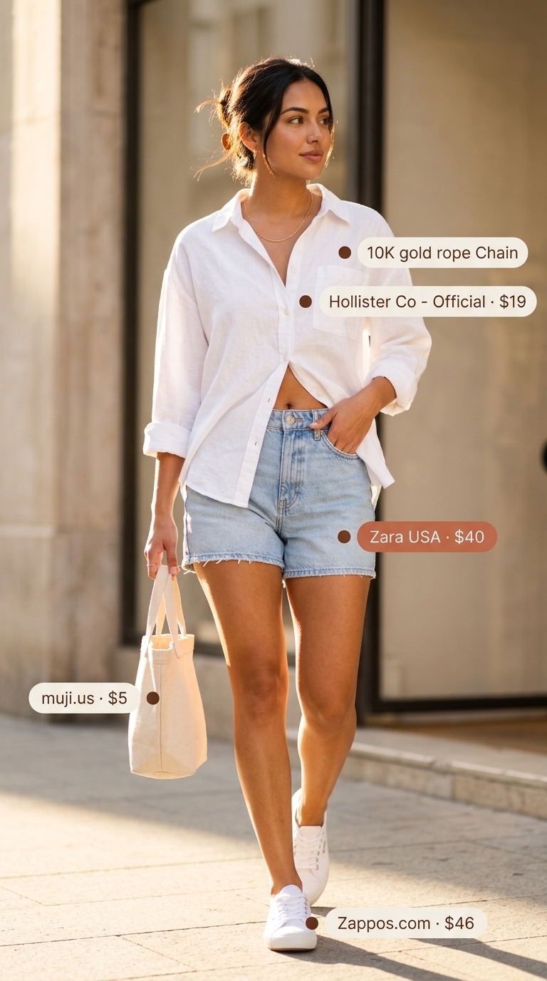 Cute summer denim shorts for women 2026 for weekend wanderer style with an oversized linen shirt and sneakers.