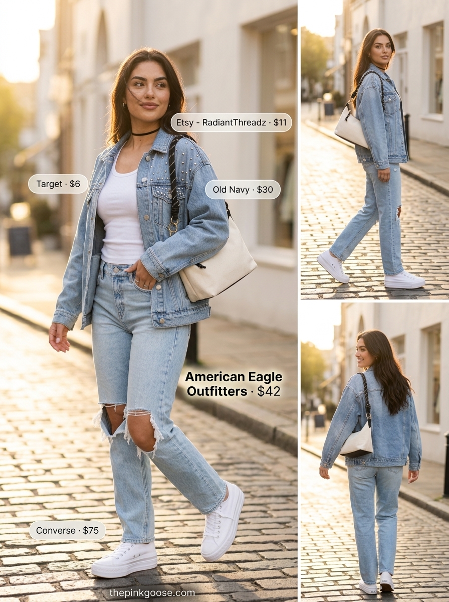 Retro denim outfits summer for women 2026. Light wash jeans, oversized denim jacket, white sneakers for casual hangout.