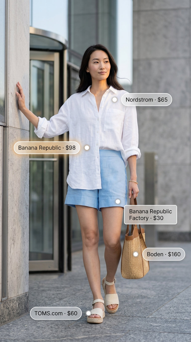 White linen oversized shirt with light blue shorts for a relaxed coastal summer outfit, not business casual.