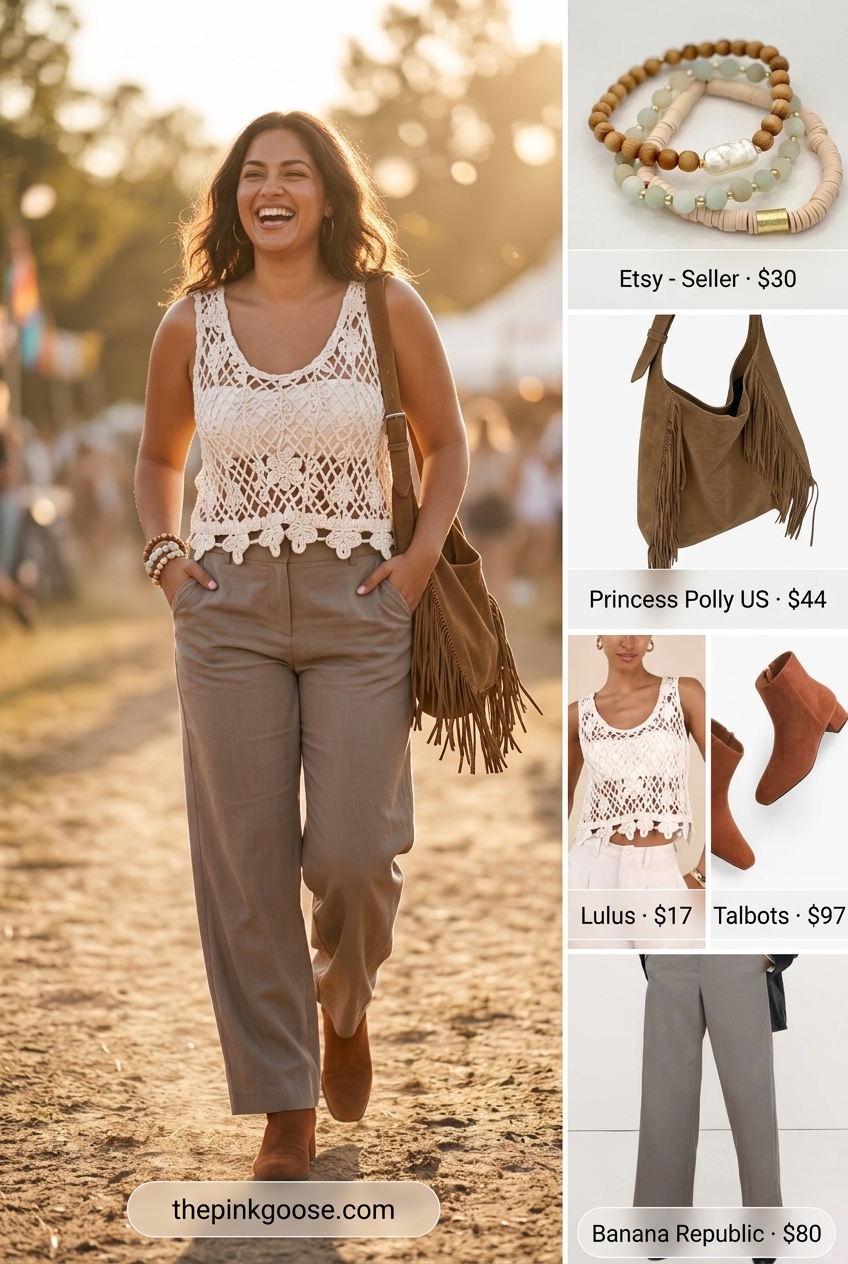 Boho maxi skirt outfit for women 2026, featuring a crochet tank and suede boots, not ideal with low-waist trousers for this look.