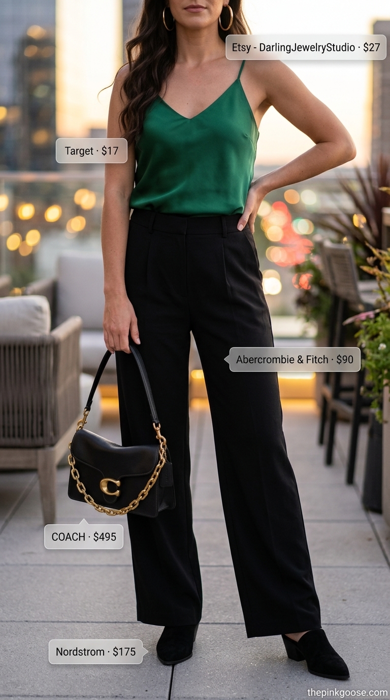 Modern summer date night outfit 2026: Black wide-leg trousers, emerald green silk camisole, gold hoops, mule heels.
