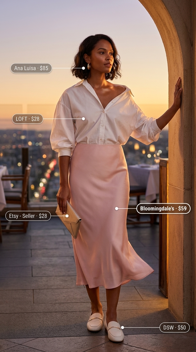 Elegant summer date night outfit 2026: Blush pink midi skirt with white blouse and gold slingbacks.