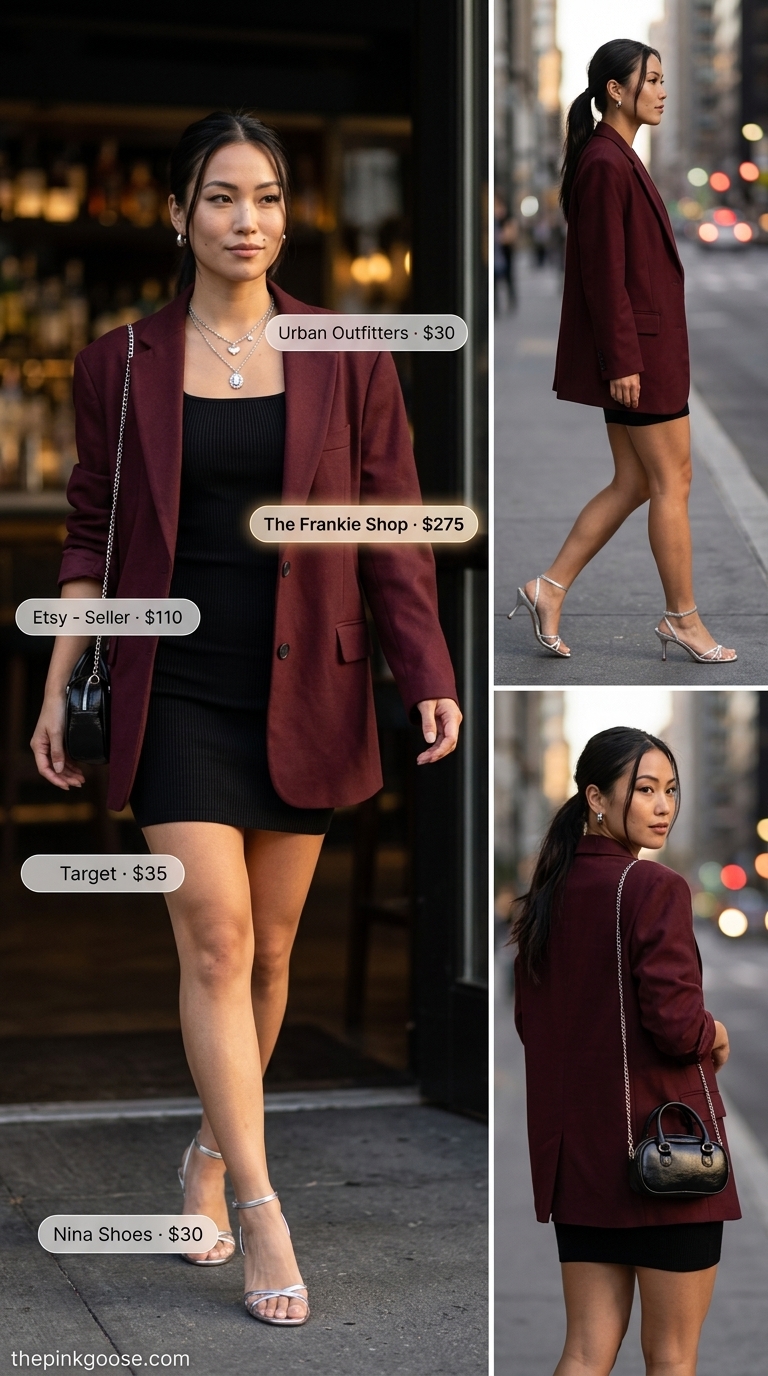 Elegant summer date night outfits for women 2026: Black bodycon dress with burgundy satin blazer and silver sandals.
