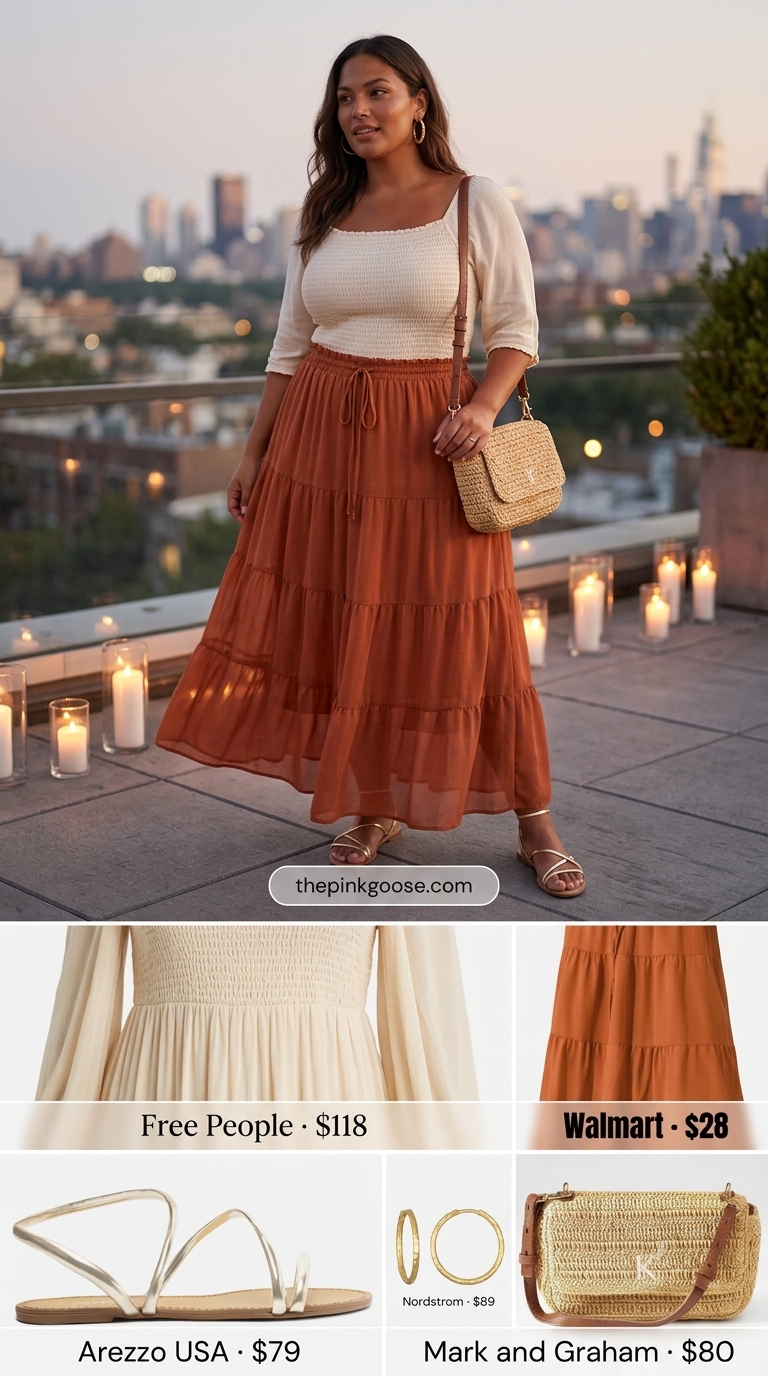 Bohemian summer date night outfit 2026: Terracotta tiered maxi skirt, cream smocked crop top, raffia bag, gold sandals.