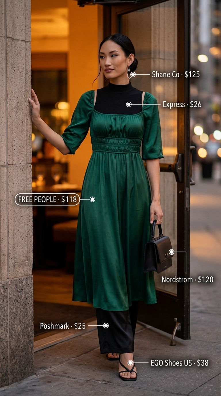 Elegant summer date night outfit 2026: Emerald slip dress with black sandals and silver earrings.