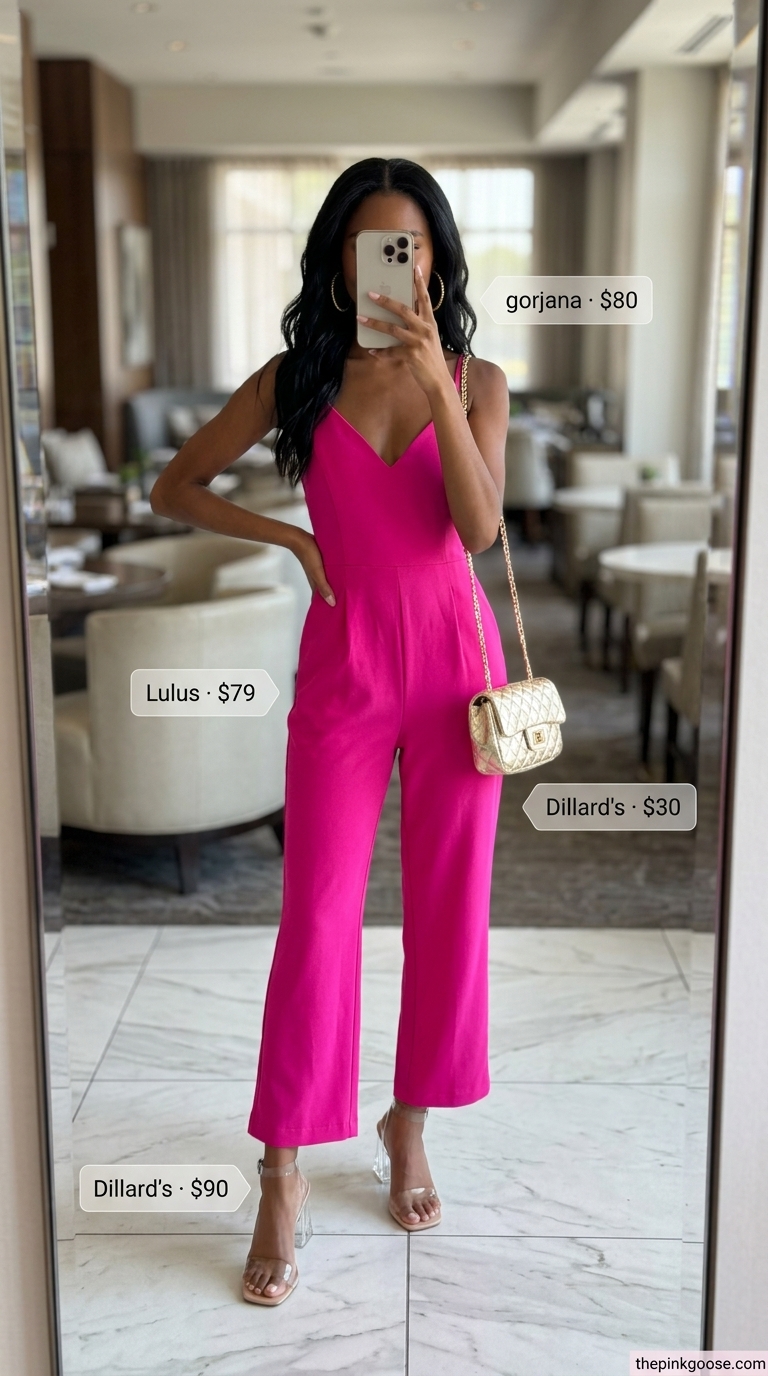 Elegant summer date night outfits for women 2026: Fuchsia wide-leg jumpsuit with clear block heels and gold cross-body bag.