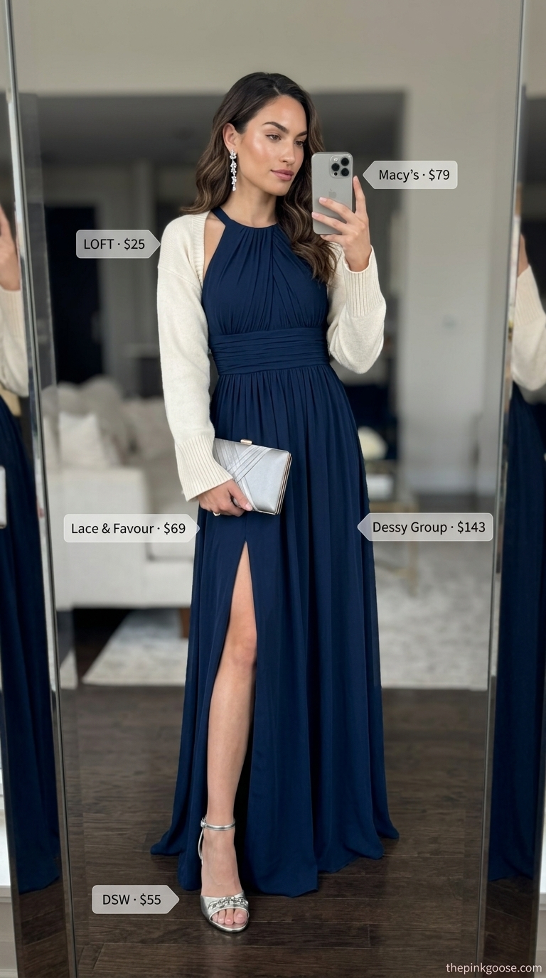 Dramatic summer date night outfit 2026: Navy blue halter maxi dress, silver heels, silver clutch, dangle earrings.