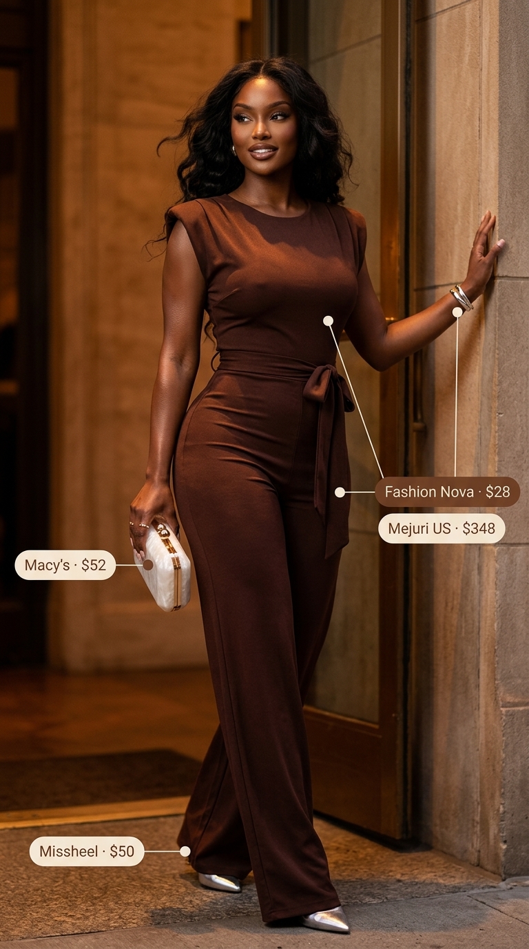 Elegant summer date night outfit 2026: Navy jumpsuit with silver pumps and gold cuff.