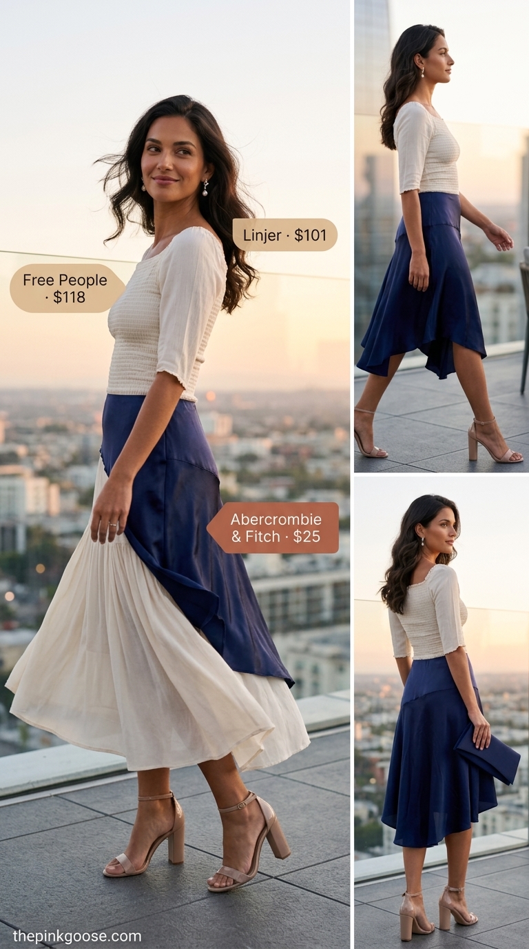 Refined summer date night outfit 2026: Navy satin A-line skirt, ivory knit top, pearl earrings, block heel sandals.