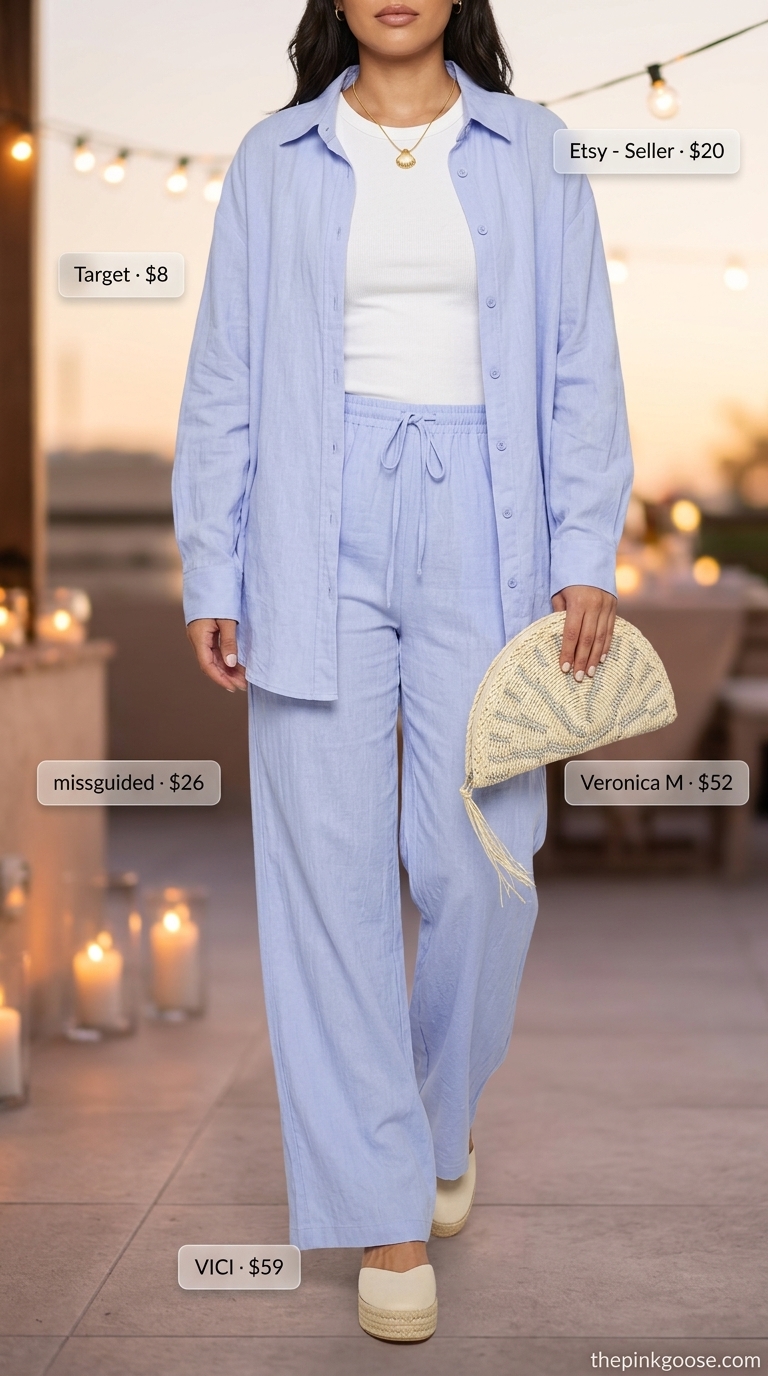 Elegant summer date night outfit 2026: Ocean blue linen set with white tank and espadrilles.