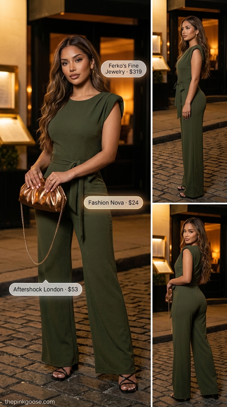Elegant summer date night outfit 2026: Olive green jumpsuit with bronze clutch and gold hoops.